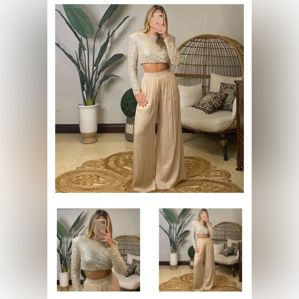 NWOT Frosty Nights Cream Sequin Crop Top- Pearl and sequin long sleeve crop top